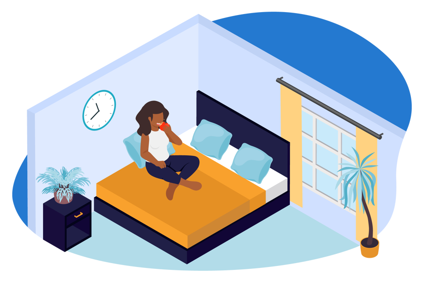 Woman eating an apple on a bed